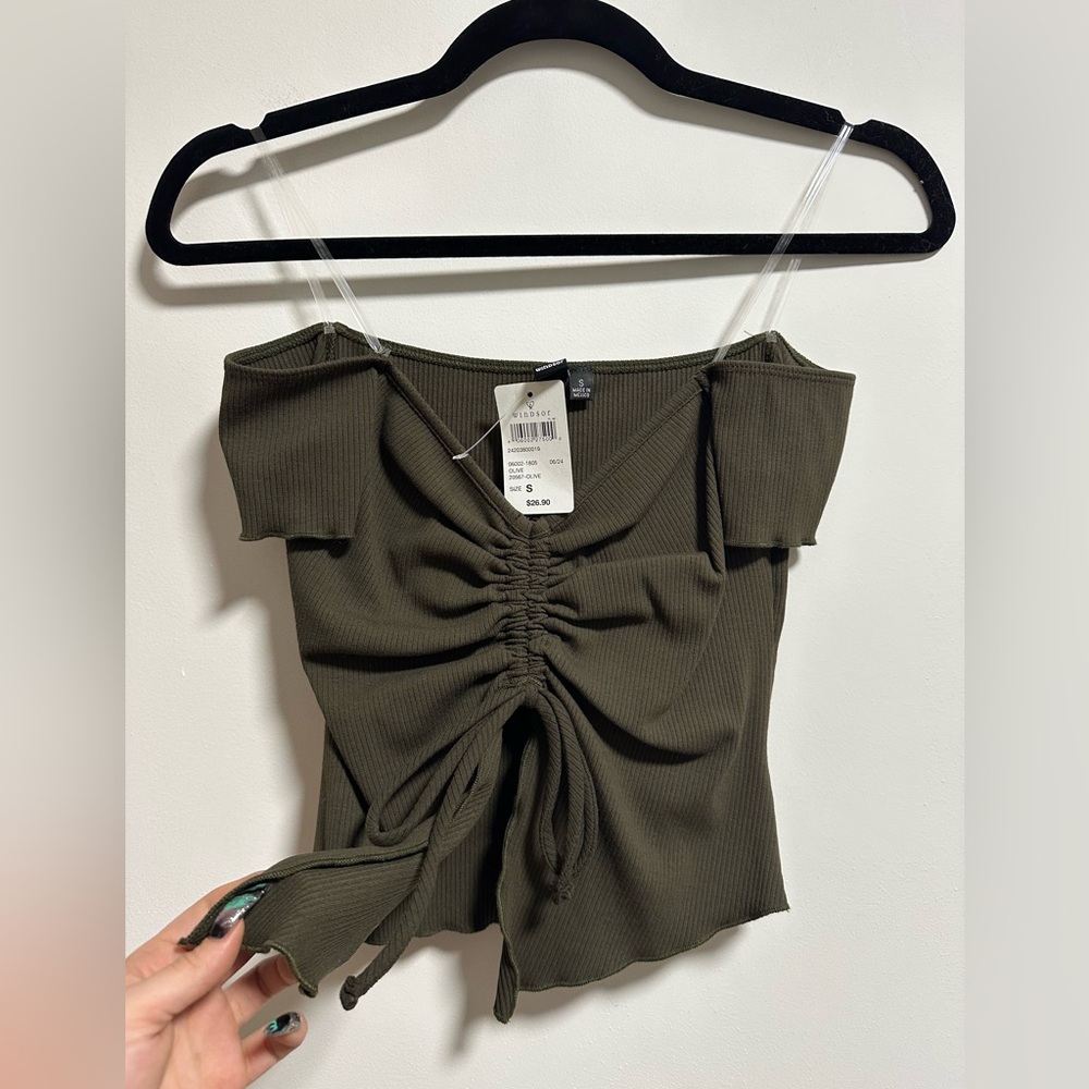 Brown/Olive Ruched Off-Shoulder Top Front Split Hem